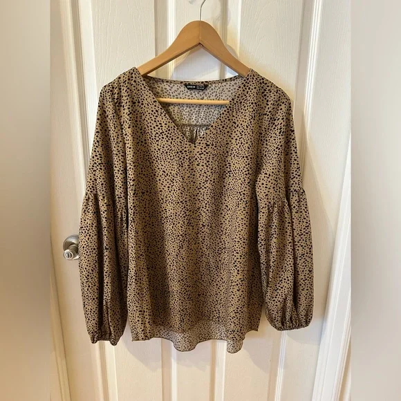 SHEIN Taupe Speckled Balloon-Sleeve V-Neck Blouse - Picture 1 of 1